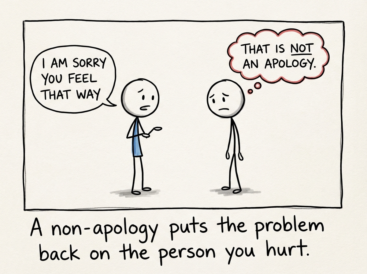 A stick figure saying 'I am sorry you feel that way' while the other figure's thought bubble shows 'That is not an apology.'