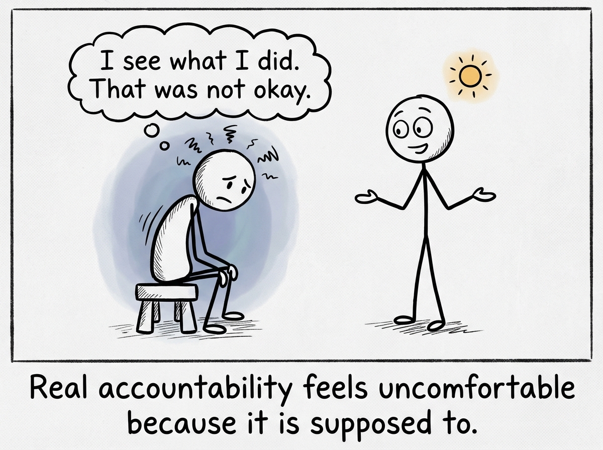A stick figure sitting with visible discomfort, no defenses up, saying 'I see what I did. That was not okay.' The other figure looks surprised but relieved.
