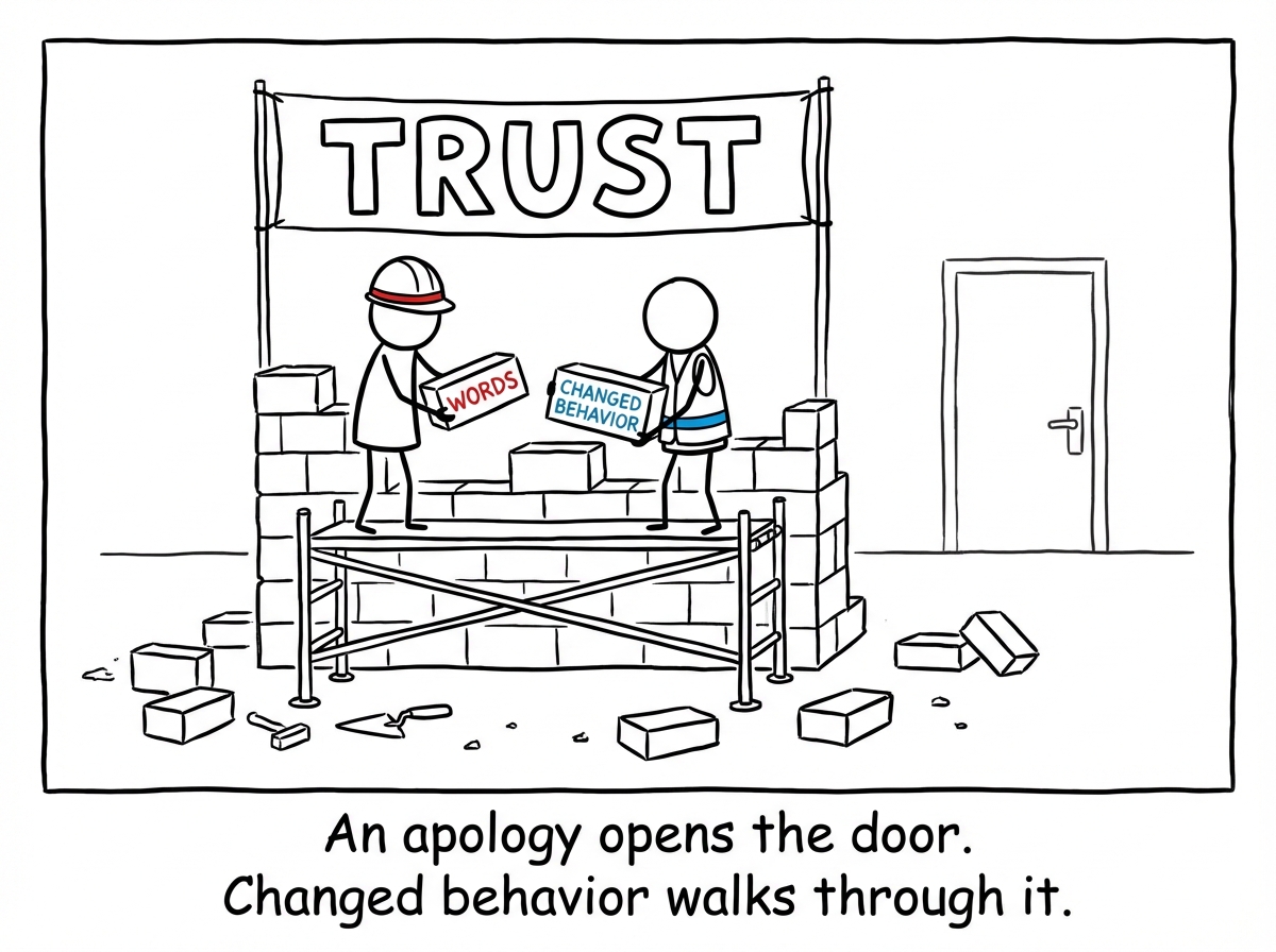Two stick figures rebuilding something together, brick by brick. One brick is labeled 'Words' and the other 'Changed behavior.' The structure they are building is labeled 'Trust.'