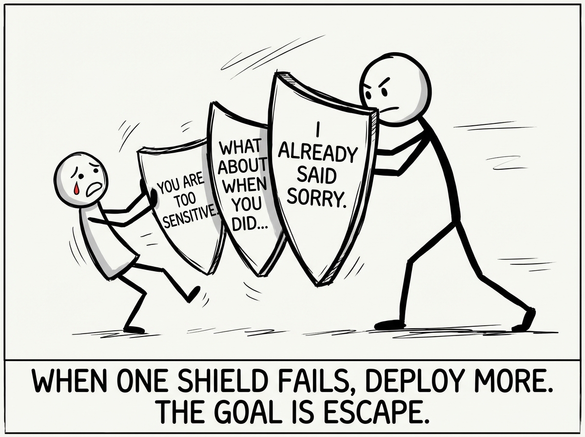 The deflecting figure now has three shields: 'You are too sensitive,' 'What about when YOU did...' and 'I already said sorry.' The hurt figure is being pushed further back with each shield.