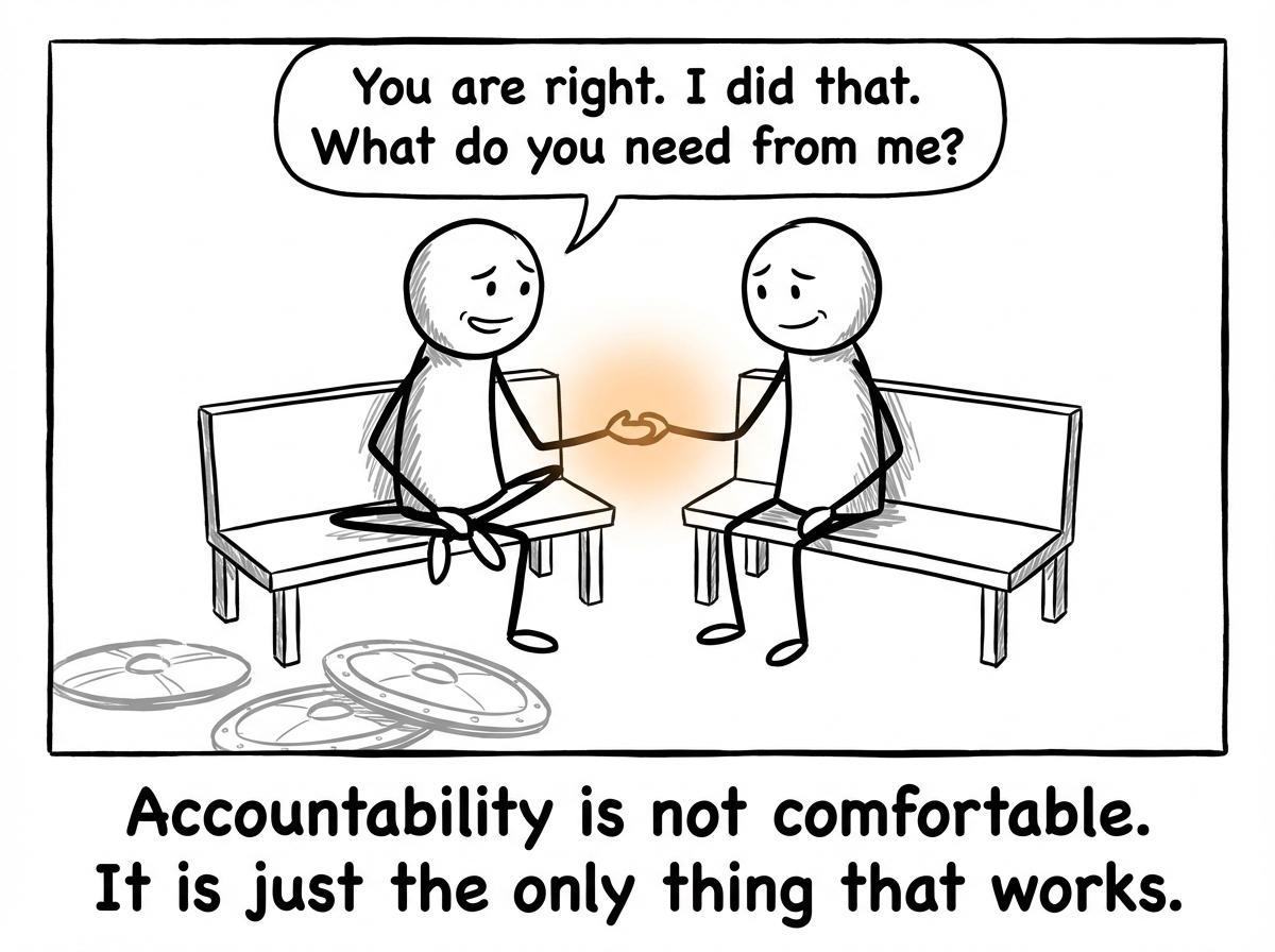 Alternative scene: the same figure puts down all the shields, sits across from their partner, and says 'You are right. I did that. What do you need from me?' Both figures look uncomfortable but connected.