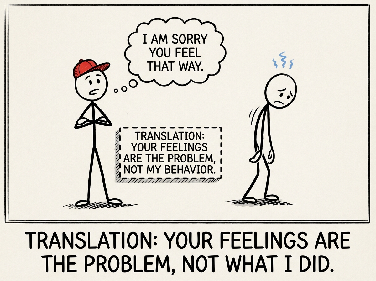 A stick figure with arms crossed says 'I am sorry you feel that way.' A label beneath reads 'Translation: Your feelings are the problem, not my behavior.' The other figure looks deflated.