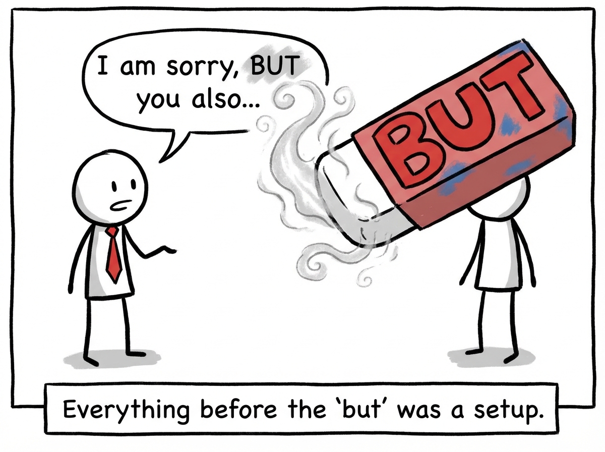 A stick figure says 'I am sorry, BUT you also...' A giant 'BUT' eraser wipes away the word 'sorry' in mid-air. The apology evaporates before landing.