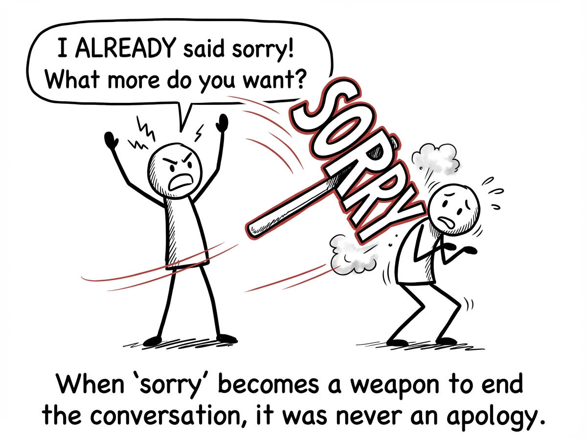 A stick figure throws their hands up saying 'I ALREADY said sorry! What more do you want?' The word 'sorry' is being used as a weapon, swung at the other person. The other person flinches.