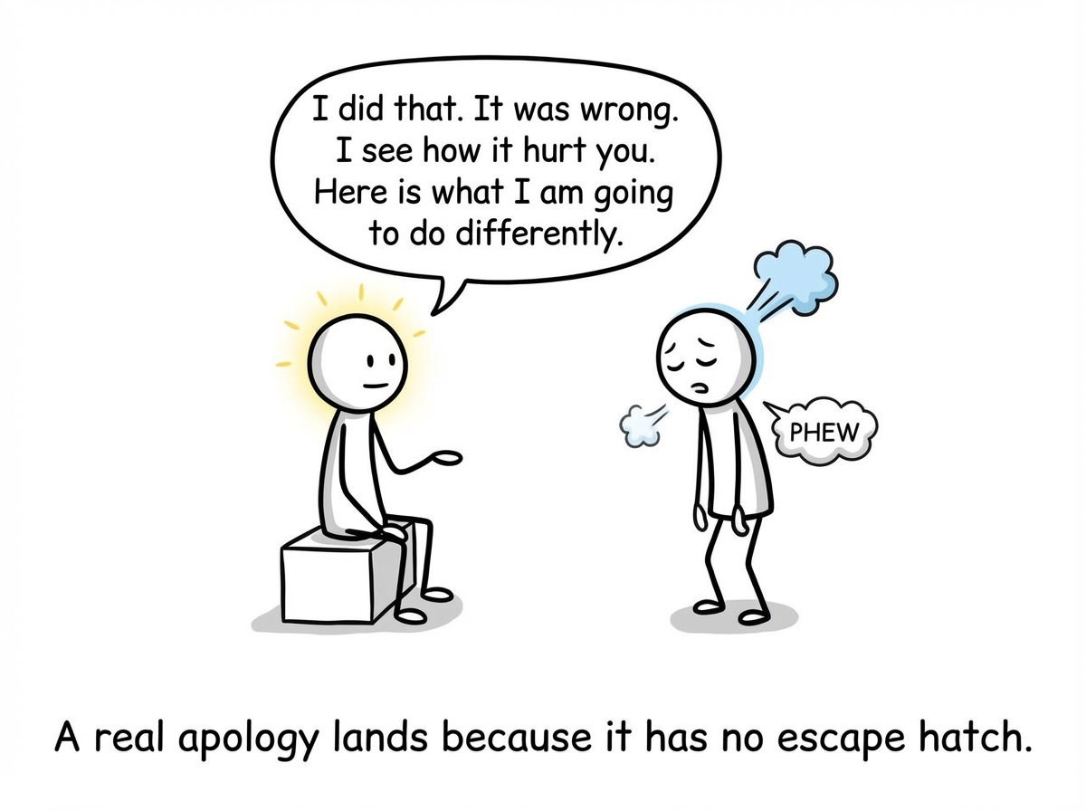 A stick figure sitting calmly says 'I did that. It was wrong. I see how it hurt you. Here is what I am going to do differently.' No shields, no buts, no redirects. The other figure exhales.