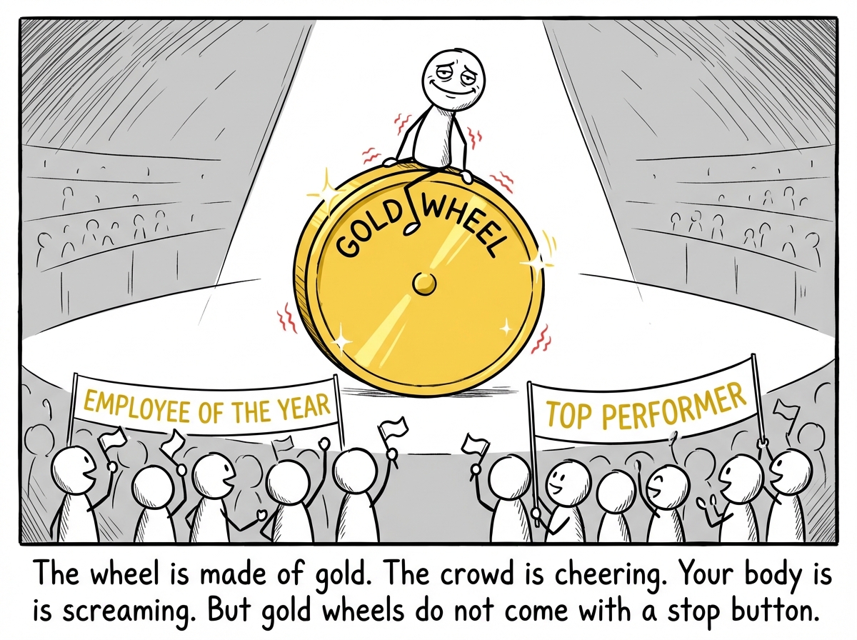 A stick figure running on a hamster wheel made of shiny gold, surrounded by a cheering crowd, with banners reading 'EMPLOYEE OF THE YEAR' and 'TOP PERFORMER,' the figure smiling through visible exhaustion