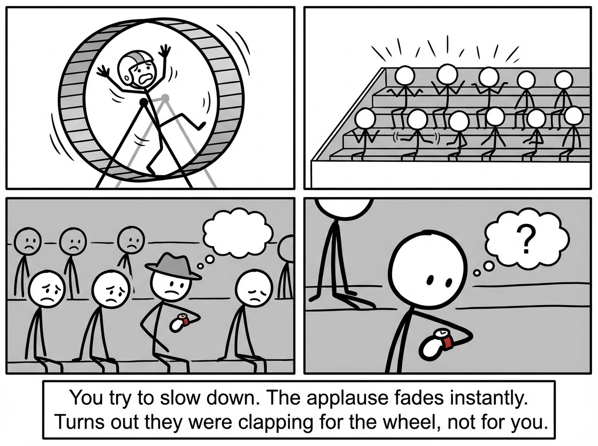 The stick figure trying to slow down on the wheel, and the cheering immediately getting quieter, the crowd looking disappointed, someone in the audience checking their watch