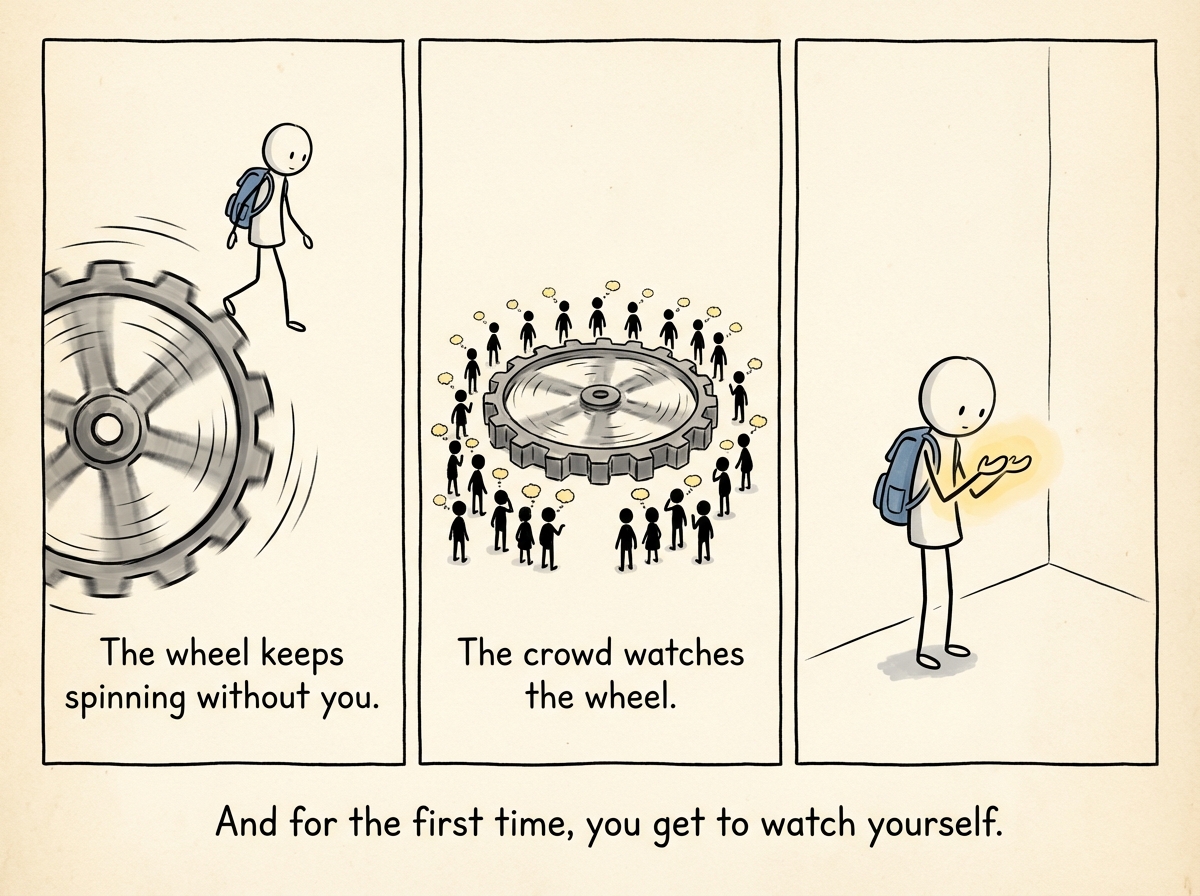 The stick figure stepping off the wheel, which continues spinning without them, the crowd watching the empty wheel instead, while the figure stands alone in the quiet, looking at their own hands for the first time