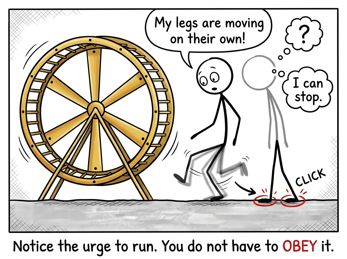 A stick figure standing beside the golden hamster wheel, noticing their legs are moving out of habit, and consciously choosing to plant their feet on solid ground