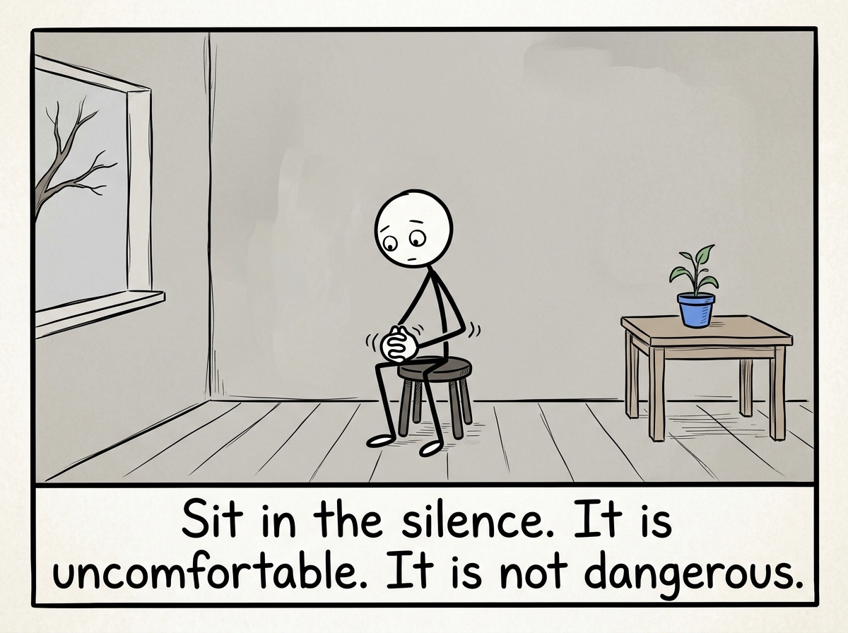 The stick figure sitting in a quiet room with no audience, feeling the discomfort of silence, hands fidgeting but staying put