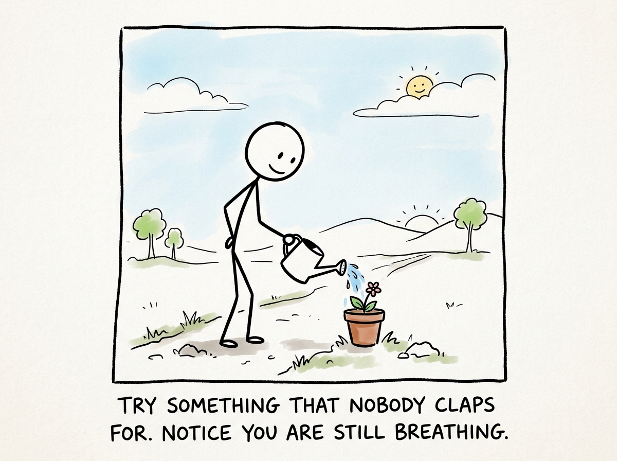 The stick figure doing something small and unimpressive -- watering a plant, sitting with a friend, looking at the sky -- with no scoreboard in sight