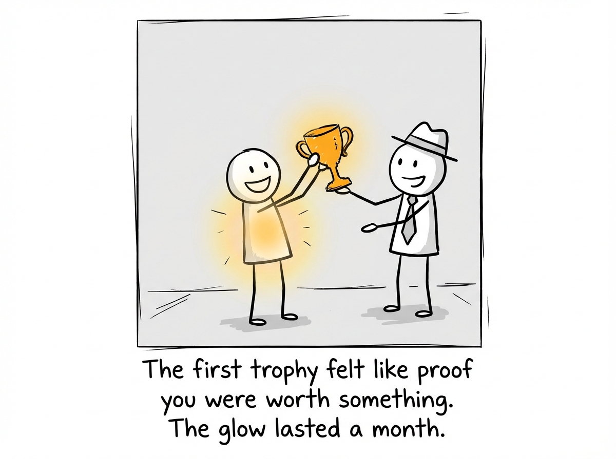 A stick figure receiving their first trophy, holding it up with genuine joy, a warm glow radiating from both the trophy and the figure, feeling accomplished and complete