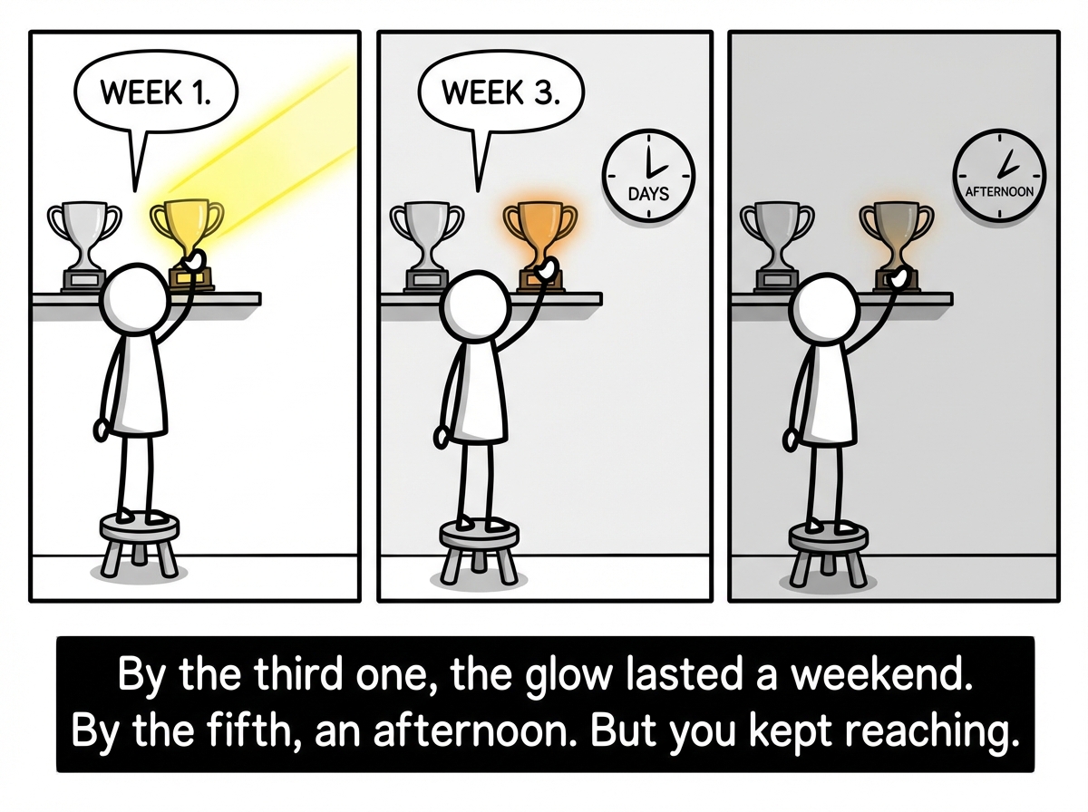 The stick figure adding a second and third trophy to a shelf, the glow noticeably dimmer and shorter each time, a clock showing the satisfaction lasting days instead of weeks