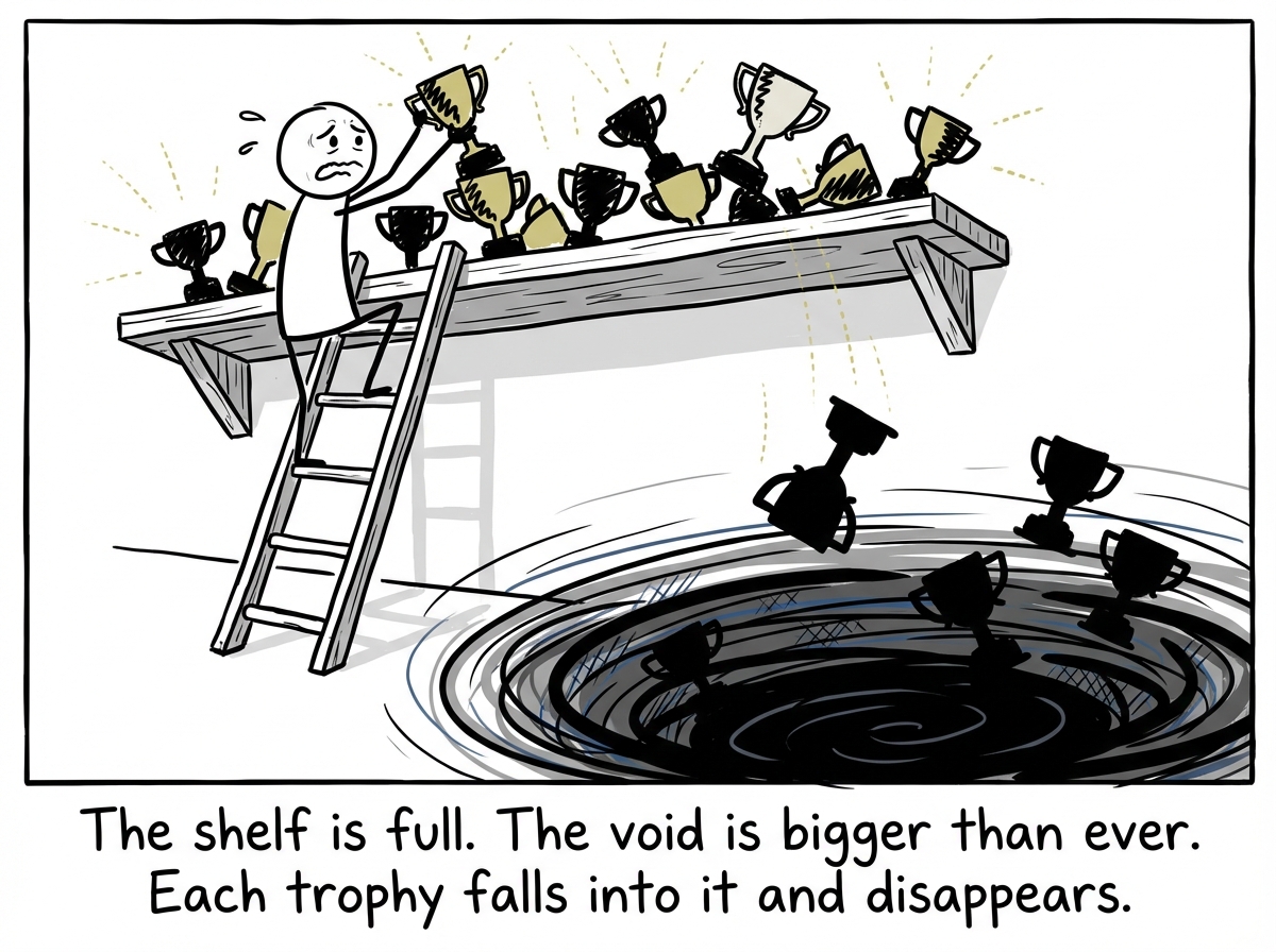 The stick figure standing on a ladder, frantically placing trophies on a massive overflowing shelf, each one producing barely a flicker of light, while a dark void beneath the shelf has grown enormous