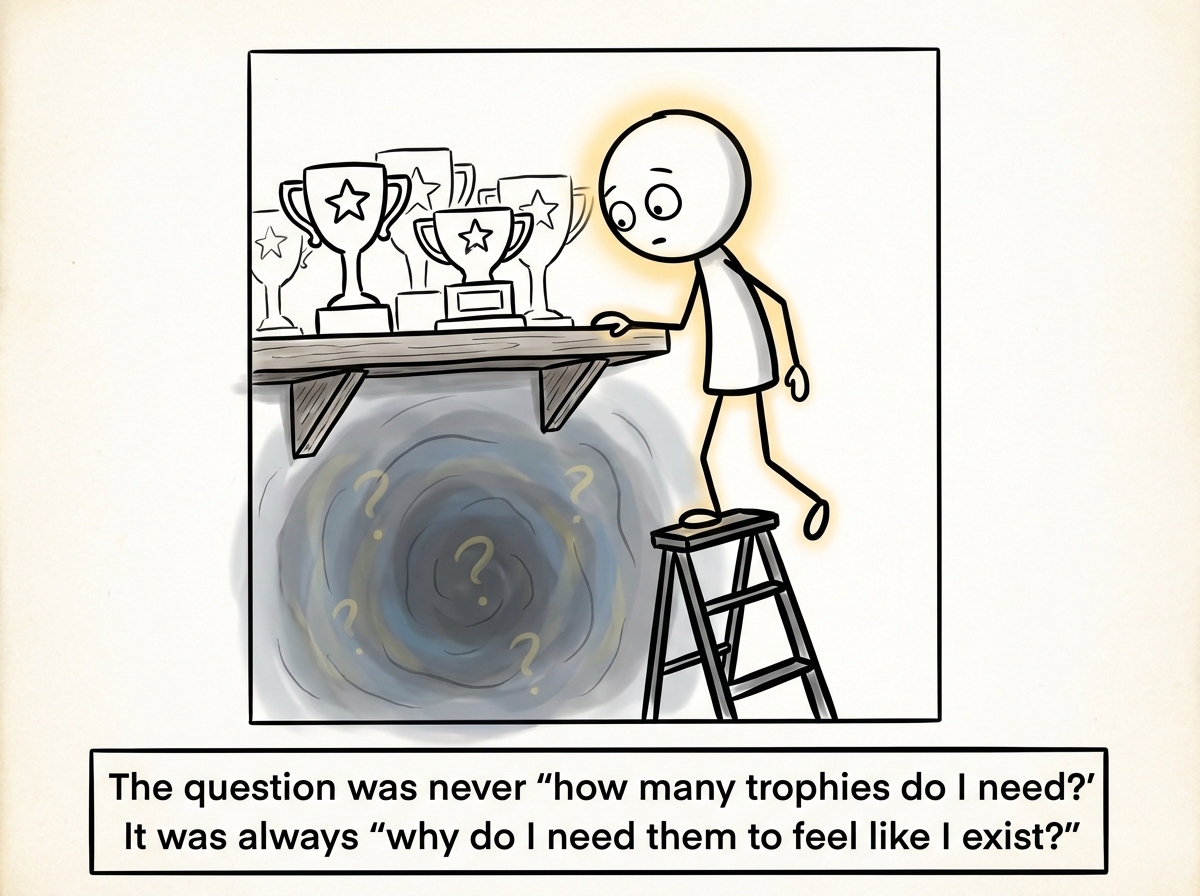 The stick figure stepping off the ladder, looking at the void beneath the shelf for the first time instead of the trophies above it, realizing the shelf was never the point