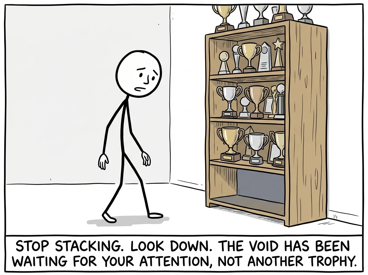 A stick figure stepping back from the trophy shelf, looking at the void beneath it honestly for the first time, choosing to face it instead of filling it