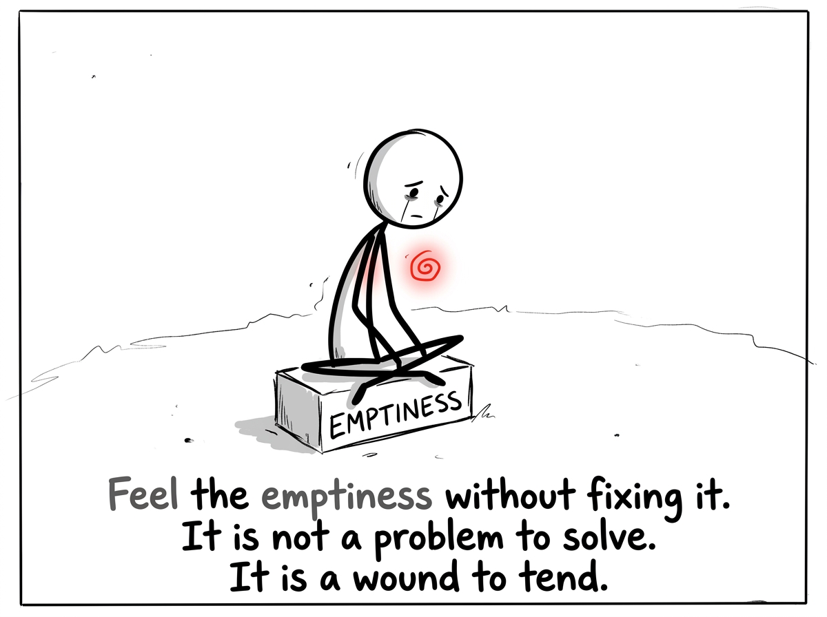 The stick figure sitting with the emptiness, no trophy in hand, feeling the discomfort of being unadorned and unaccomplished in this moment