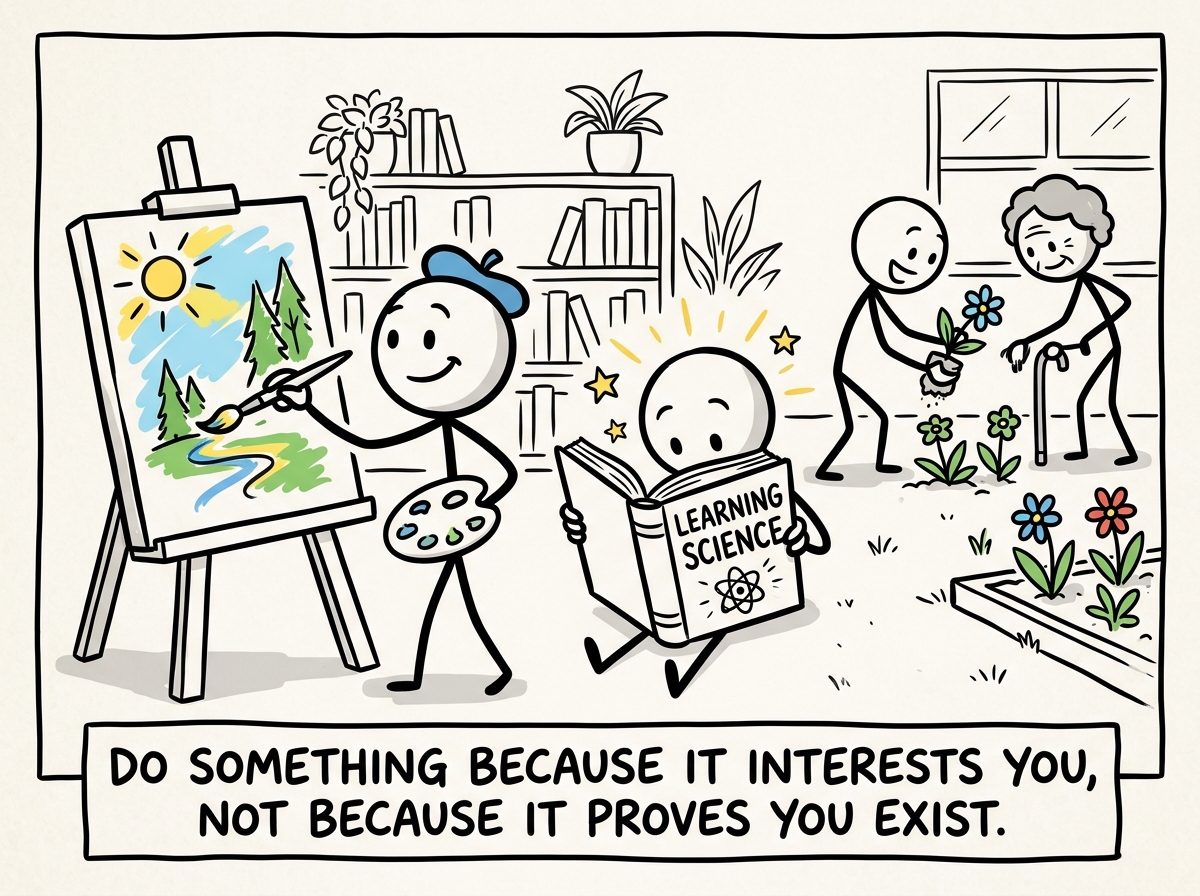 The stick figure pursuing something out of genuine curiosity -- painting, learning, helping someone -- with no award possible, just engagement