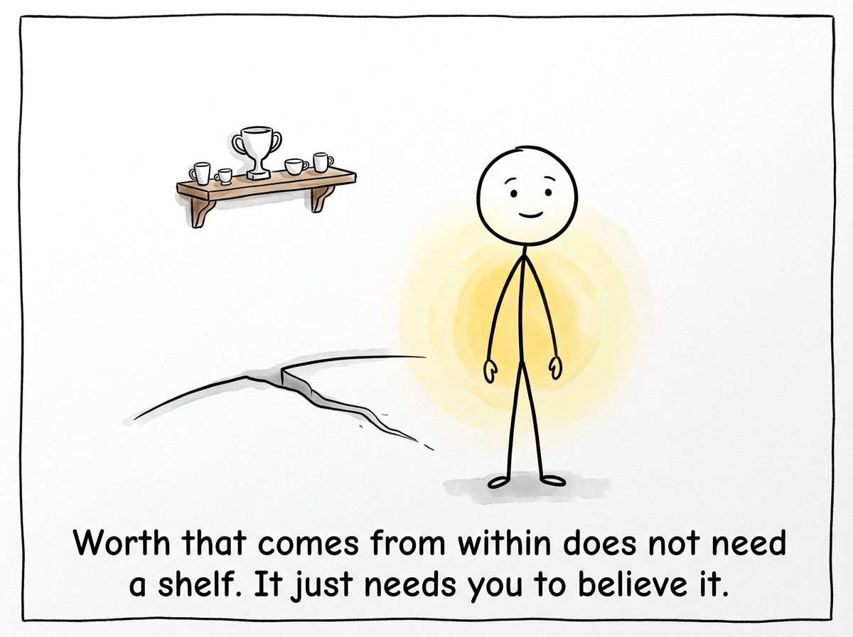 The stick figure standing calmly, the trophy shelf smaller now, the void beneath it shrinking, a quiet sense of worth that came from inside, not from gold