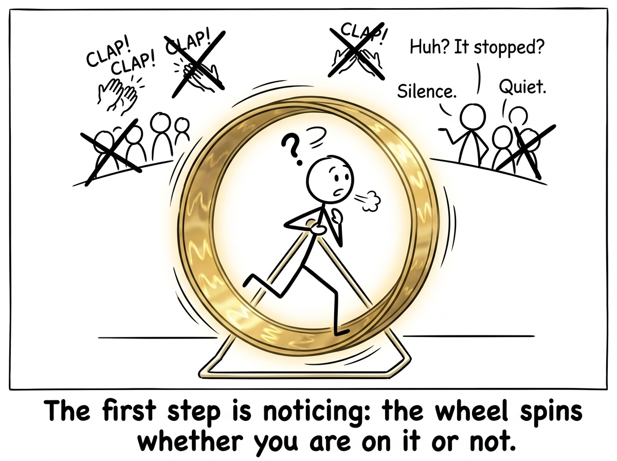 A stick figure pausing mid-run on a golden hamster wheel, noticing for the first time that the applause stops but they are still breathing