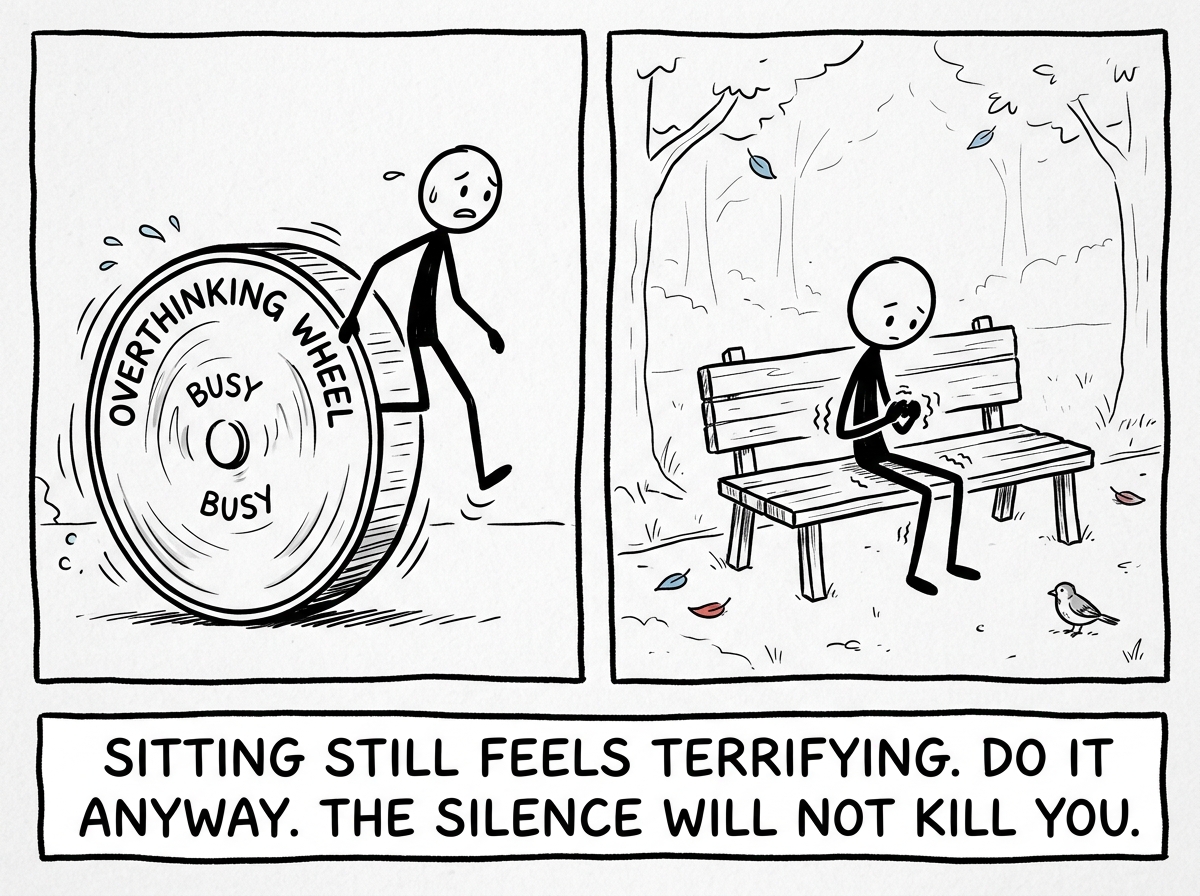 The stick figure stepping off the wheel and sitting quietly on a bench, hands trembling, tolerating the silence instead of filling it