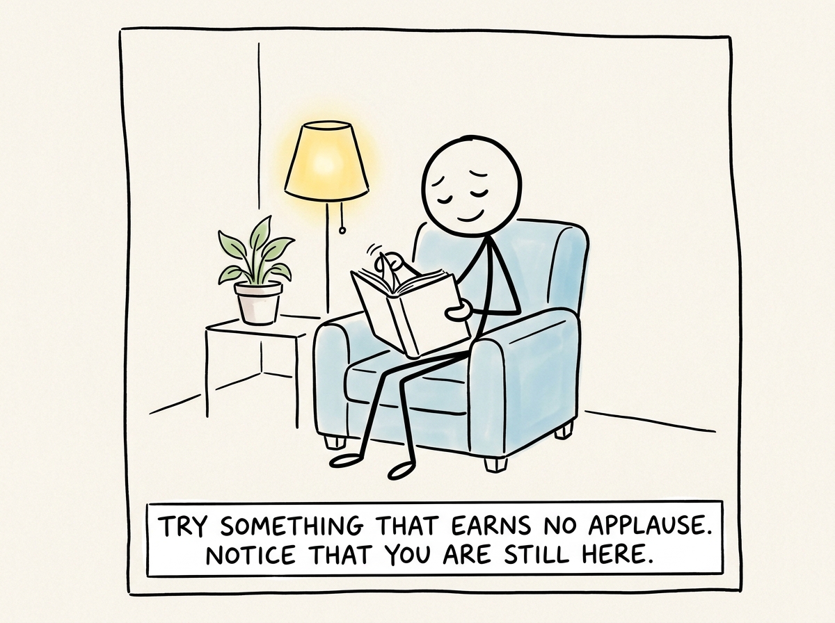 The stick figure doing something small with no audience -- reading a book, walking outside, cooking a meal -- with a gentle expression of unfamiliar peace