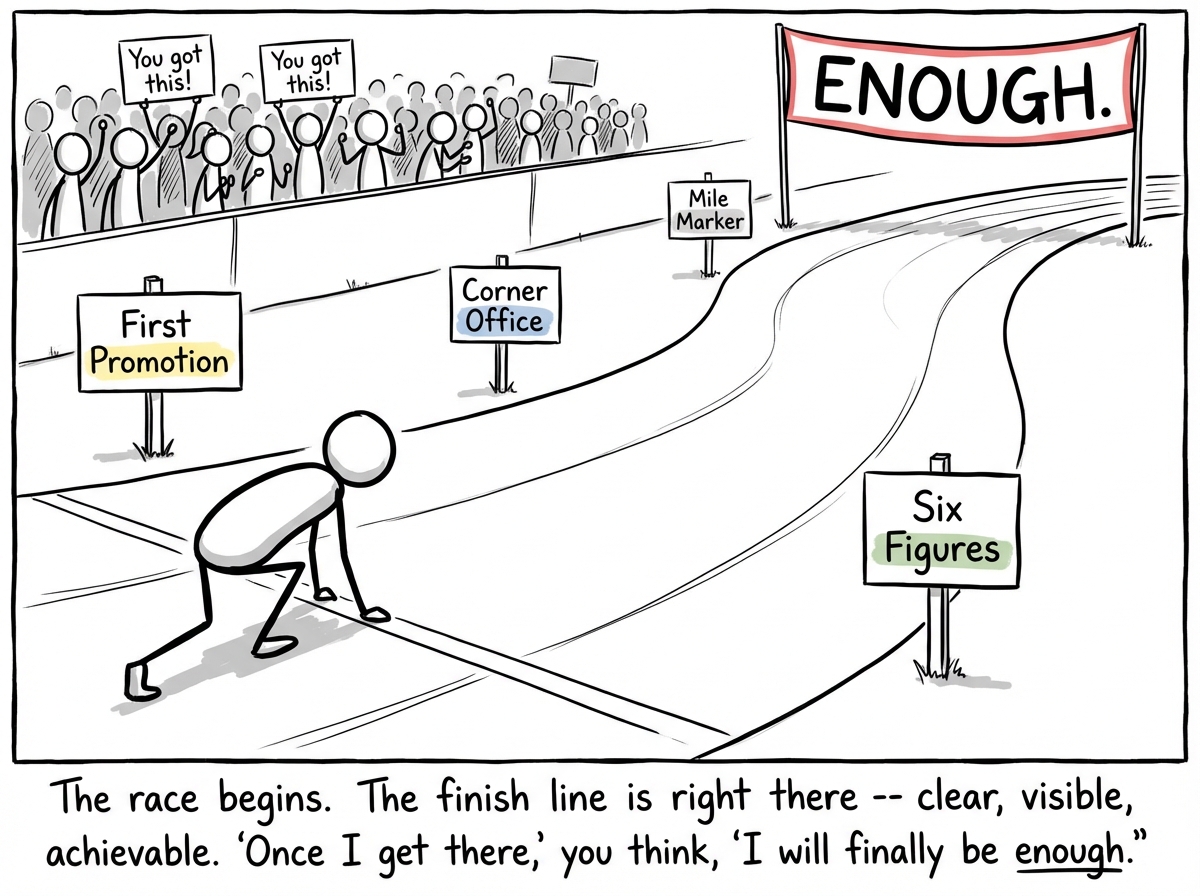 A stick figure in running position at the start of a race track, eyes locked on a finish line banner in the distance that reads 'ENOUGH.' The figure is energetic, determined, and optimistic, crouched in a sprinter's stance. A crowd on the sidelines holds signs reading 'You got this!' and 'Almost there!' The track ahead looks long but finite, with mile markers labeled 'First Promotion,' 'Corner Office,' 'Six Figures.'