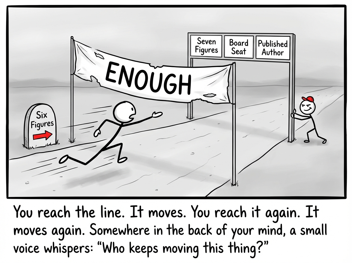 The stick figure sprinting at full speed, reaching out toward the 'ENOUGH' banner -- but the banner has slid 50 feet further down the track. The mile marker they just passed reads 'Six Figures' but the new finish line now has additional requirements: 'Seven Figures,' 'Board Seat,' 'Published Author.' The figure's expression shifts from determination to confusion. Sweat flies from their head. A tiny version of themselves in the corner of the panel is shown physically pushing the finish line forward with a smirk.