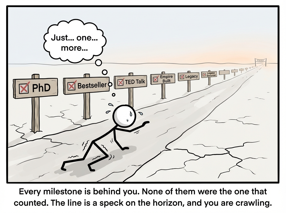 The stick figure now visibly exhausted, legs wobbling, clothes torn, crawling on hands and knees toward a finish line that has moved so far away it is barely visible on the horizon. The mile markers behind them stretch endlessly: 'PhD,' 'Bestseller,' 'TED Talk,' 'Empire Built,' 'Legacy Secured.' Each one is checked off but none of them have a celebration flag. The crowd from panel one is gone. The figure is completely alone on an infinite track, a thought bubble reading 'Just... one... more...'
