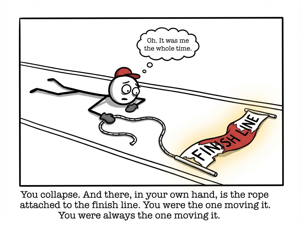 The stick figure collapsed face-down on the track, completely spent. The finish line banner has fallen over nearby -- and attached to it is a rope that leads directly back to the figure's own hand. They have been holding the rope the entire time, unconsciously pulling the finish line forward with every step. The figure lifts their head and stares at the rope in their hand with a mixture of horror and revelation. Small text near the rope reads 'Oh. It was me the whole time.'