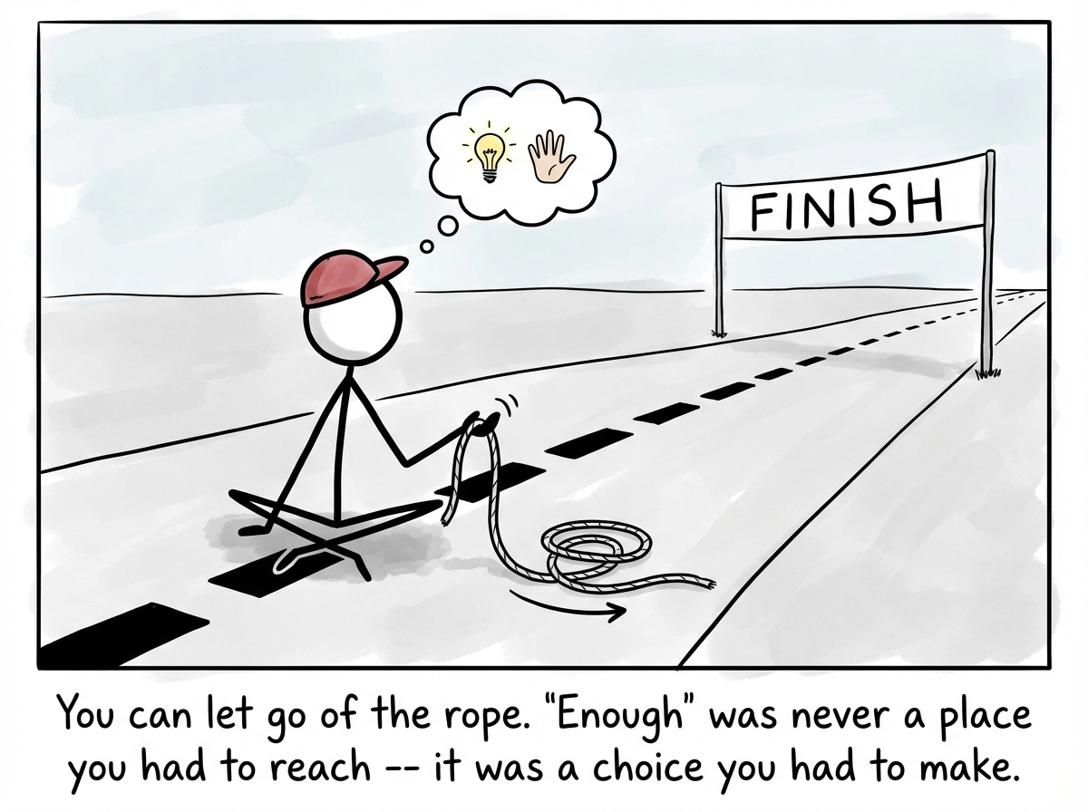 A stick figure sitting on the track, holding the rope loosely, making the conscious decision to let it go. The finish line sits still for the first time. The figure looks at it with quiet recognition, understanding that 'enough' was never a destination -- it was a decision.