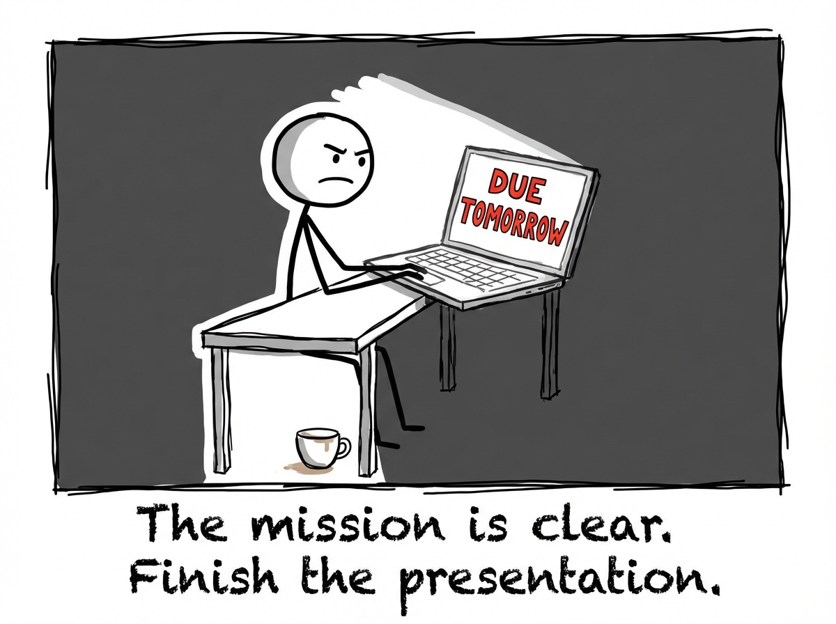 A stick figure sitting at a desk with a laptop showing a presentation titled 'DUE TOMORROW' with a determined expression