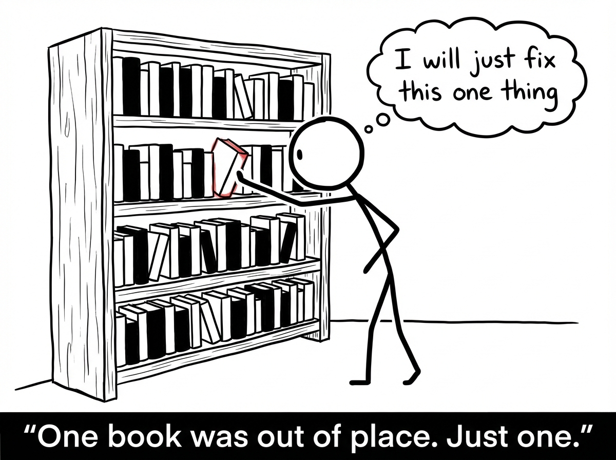 The stick figure noticing one book out of place on a nearby shelf, reaching over to adjust it with a thought bubble saying 'I will just fix this one thing'