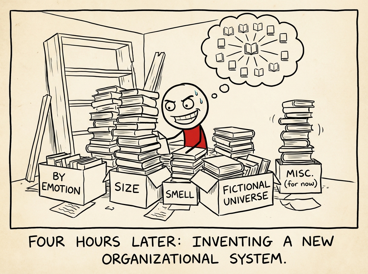The stick figure surrounded by piles of books, completely dismantling the entire bookshelf, sorting books into elaborate categories with intense concentration and joy