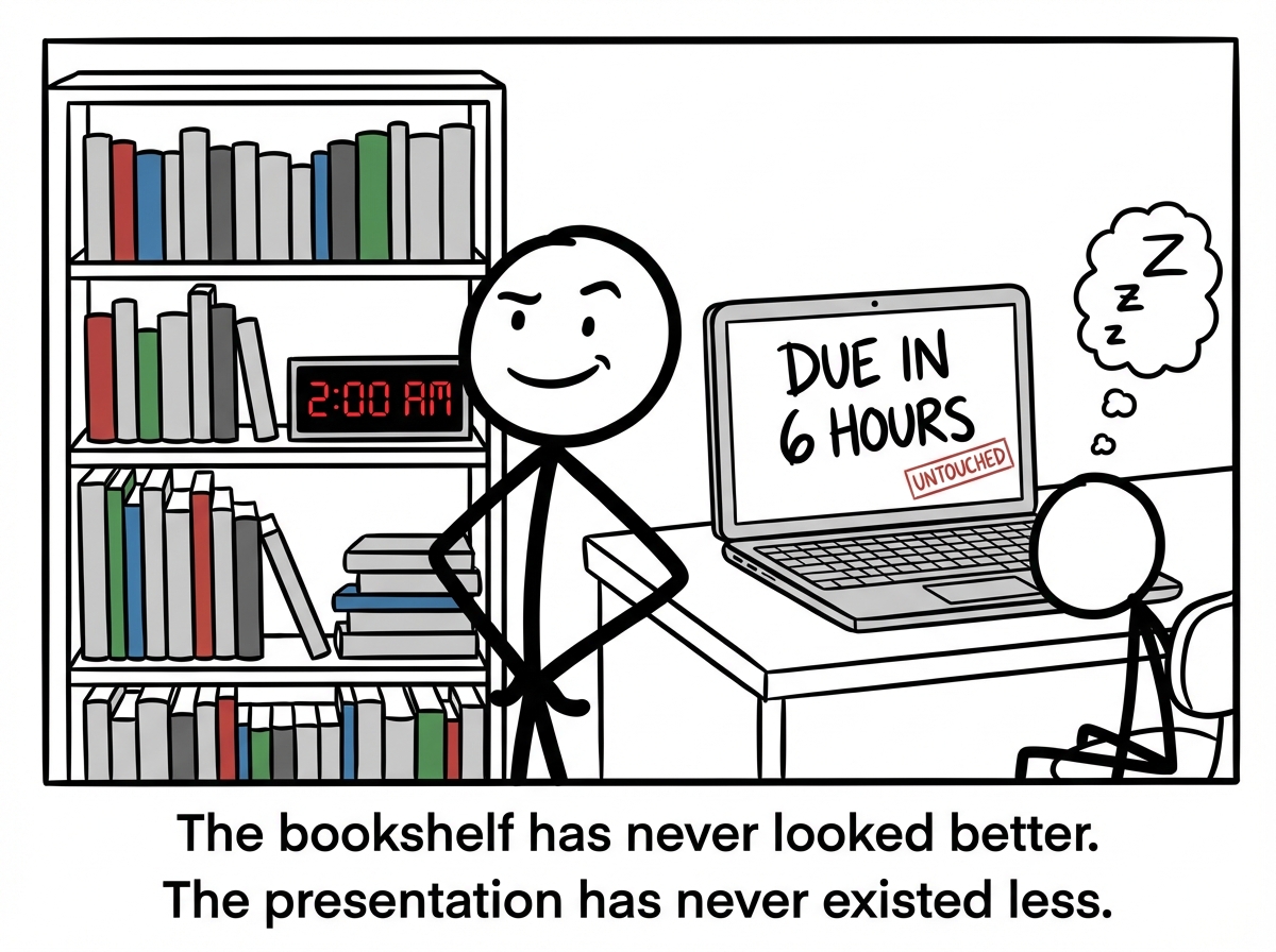 The stick figure standing proudly in front of a perfectly organized bookshelf at 2 AM, while the laptop behind them still shows the untouched presentation, now labeled 'DUE IN 6 HOURS'