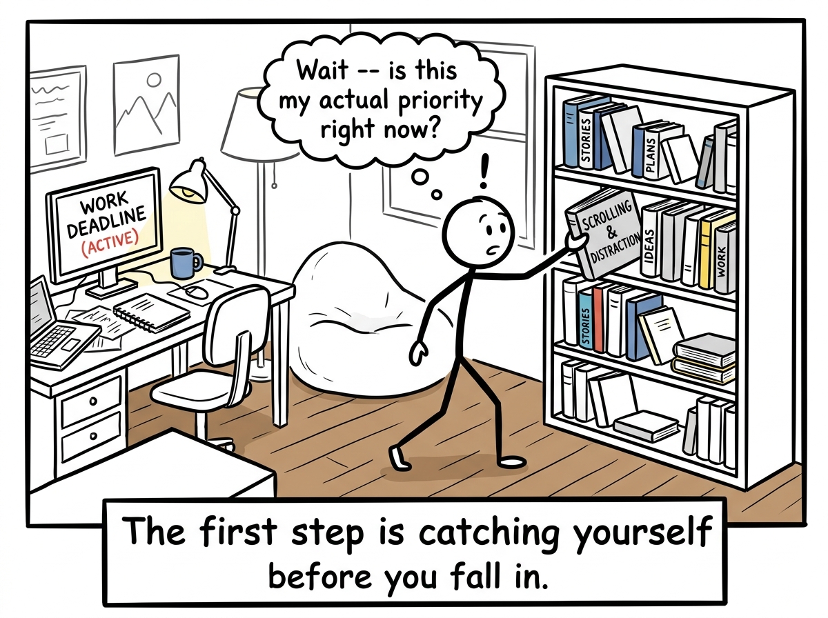 A stick figure noticing themselves reaching for the bookshelf and pausing, a thought bubble showing 'Wait -- is this my actual priority right now?'