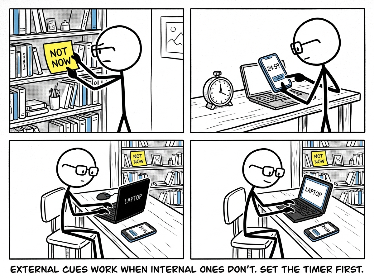 The stick figure placing a sticky note on the bookshelf that reads 'NOT NOW' and setting a phone timer for 25 minutes before sitting at the laptop