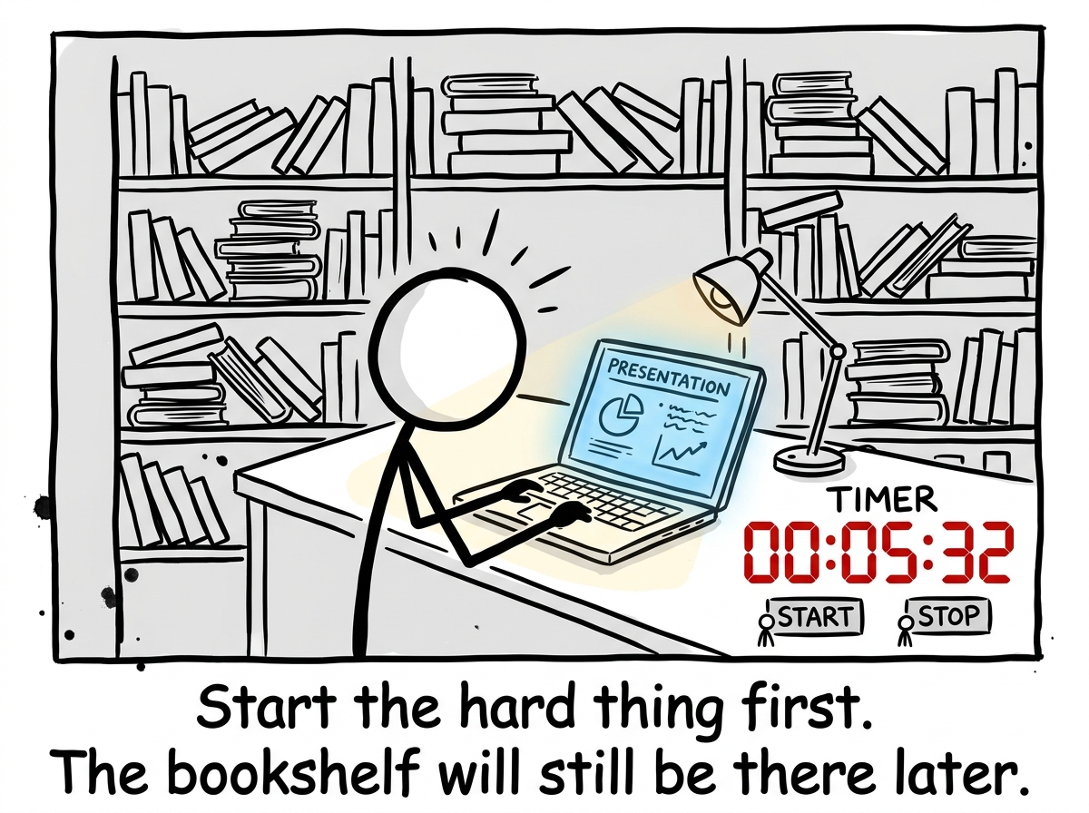 The stick figure working on the presentation with a visible timer counting down, the bookshelf still messy in the background but ignored