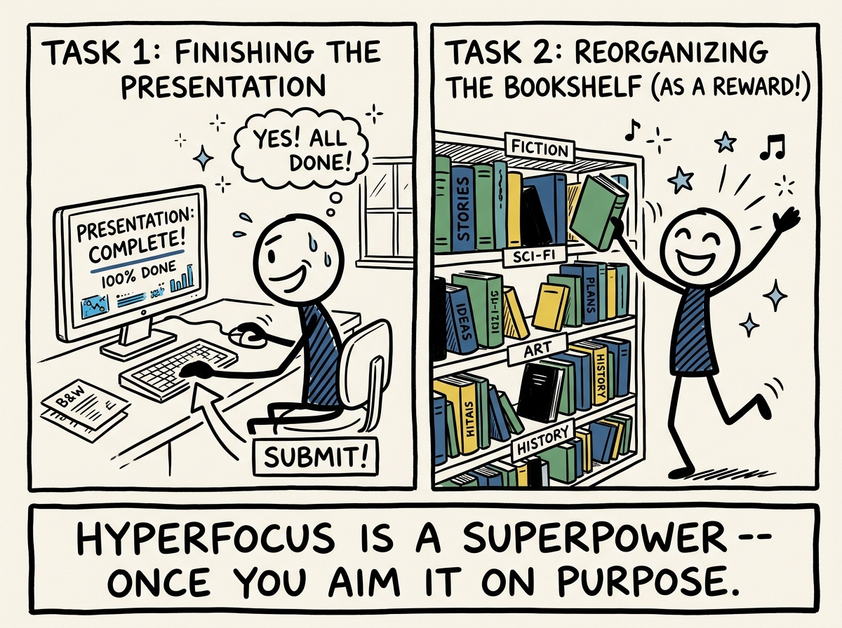 The stick figure submitting the finished presentation and then gleefully reorganizing the bookshelf as a reward, both tasks getting their turn
