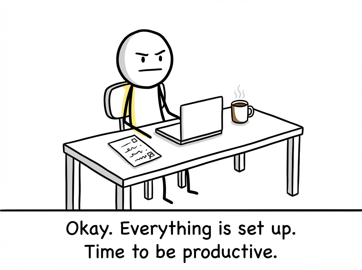 A stick figure sitting down at a clean desk with a laptop, coffee, and a to-do list, looking determined and ready to work