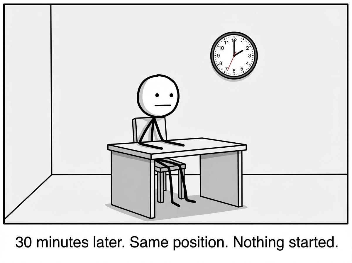 The same stick figure in the exact same position thirty minutes later, the clock has moved but nothing else has changed, their expression now blank