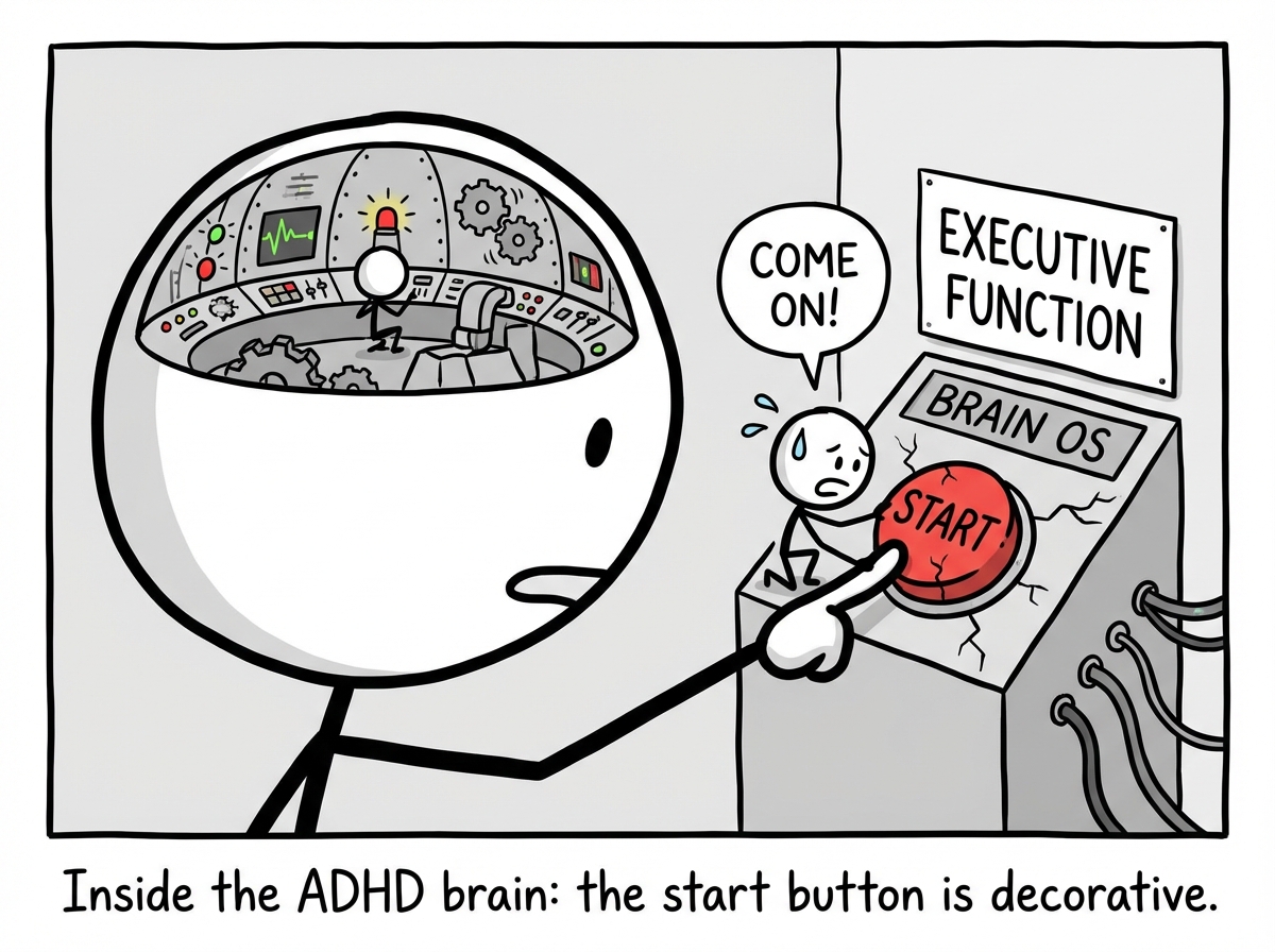The stick figure's brain shown as a control room where a tiny operator is frantically pushing a large START button that is clearly broken and unresponsive