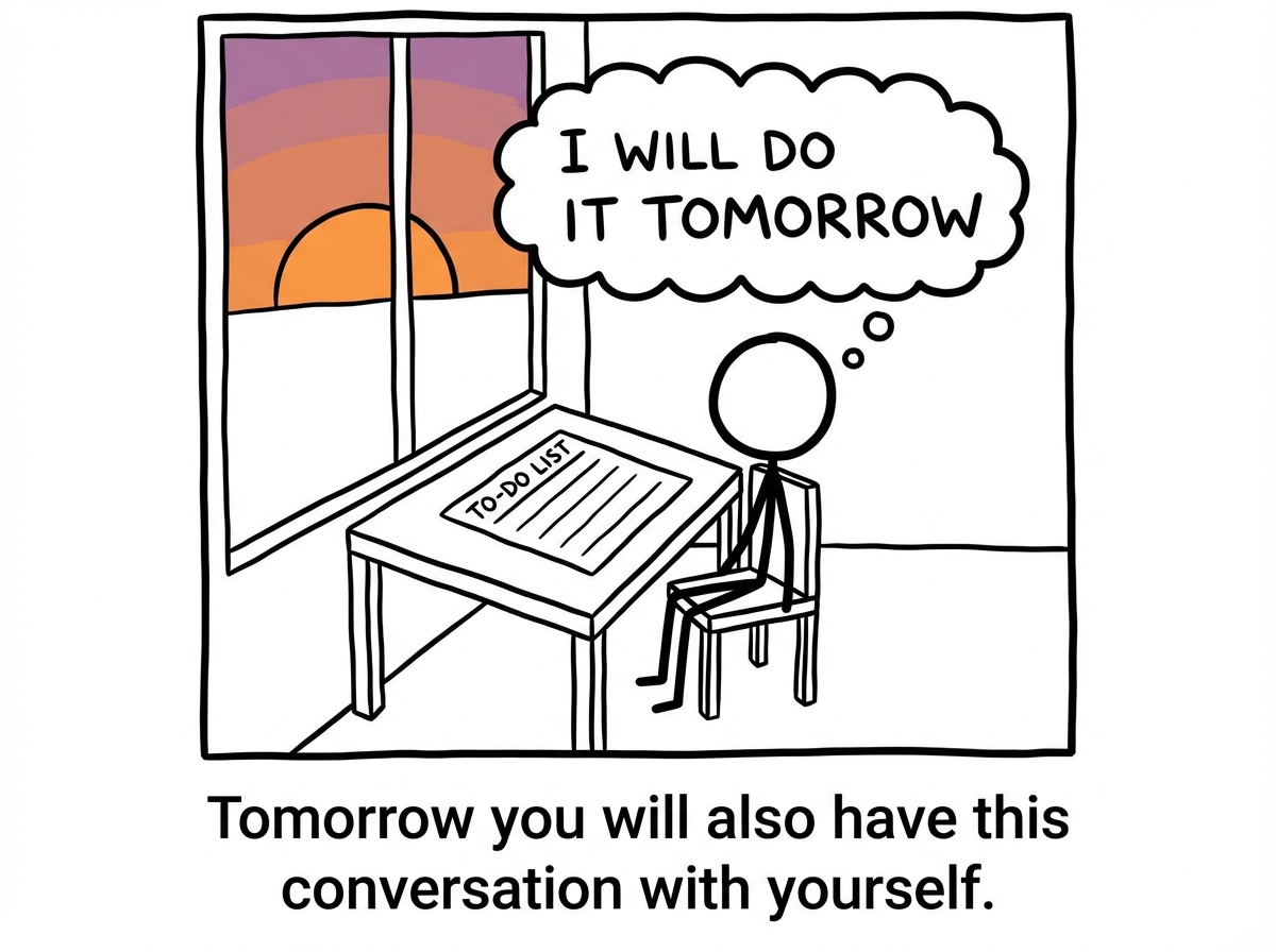 The stick figure still frozen at the desk as the sun sets through the window, a thought bubble reads 'I will do it tomorrow' while the to-do list remains untouched