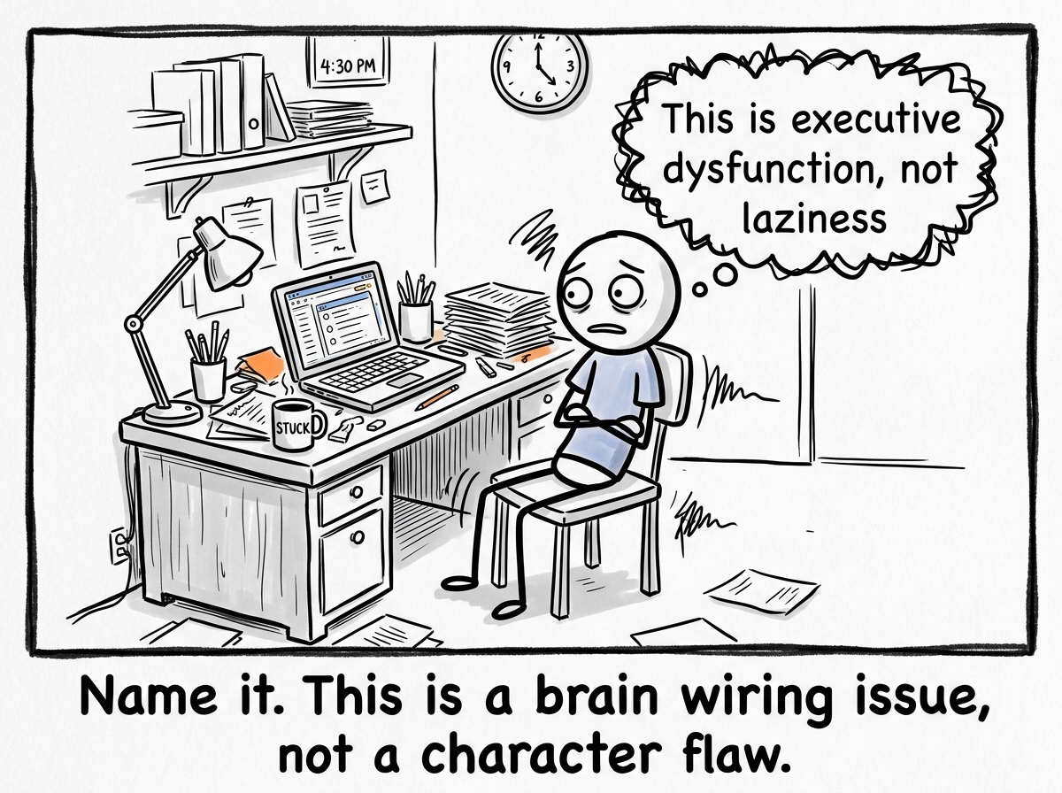 A stick figure frozen at a desk, recognizing the pattern, with a thought bubble reading 'This is executive dysfunction, not laziness'