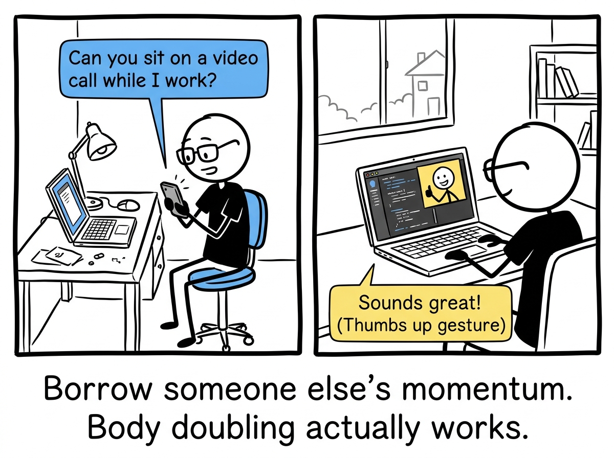 The stick figure texting a friend 'Can you sit on a video call while I work?' and the friend replying with a thumbs up -- body doubling in action