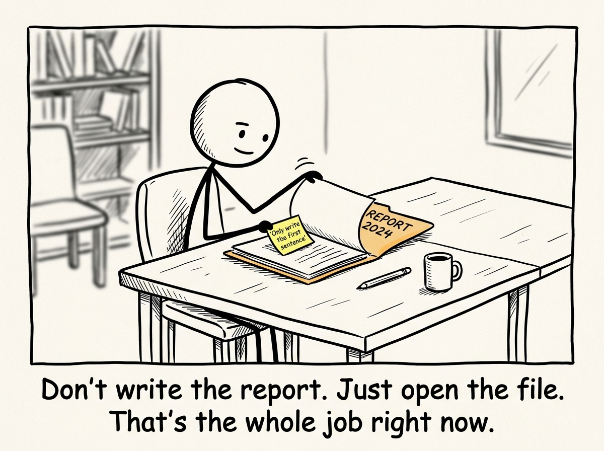 The stick figure opening just one document with a tiny sticky note that says 'Only write the first sentence' -- the task shrunk to its smallest possible step