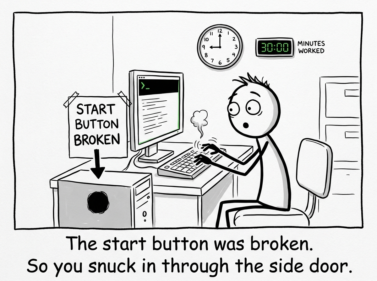 The stick figure typing away with a surprised expression, the tiny first step having turned into actual momentum, timer showing 30 minutes of work done
