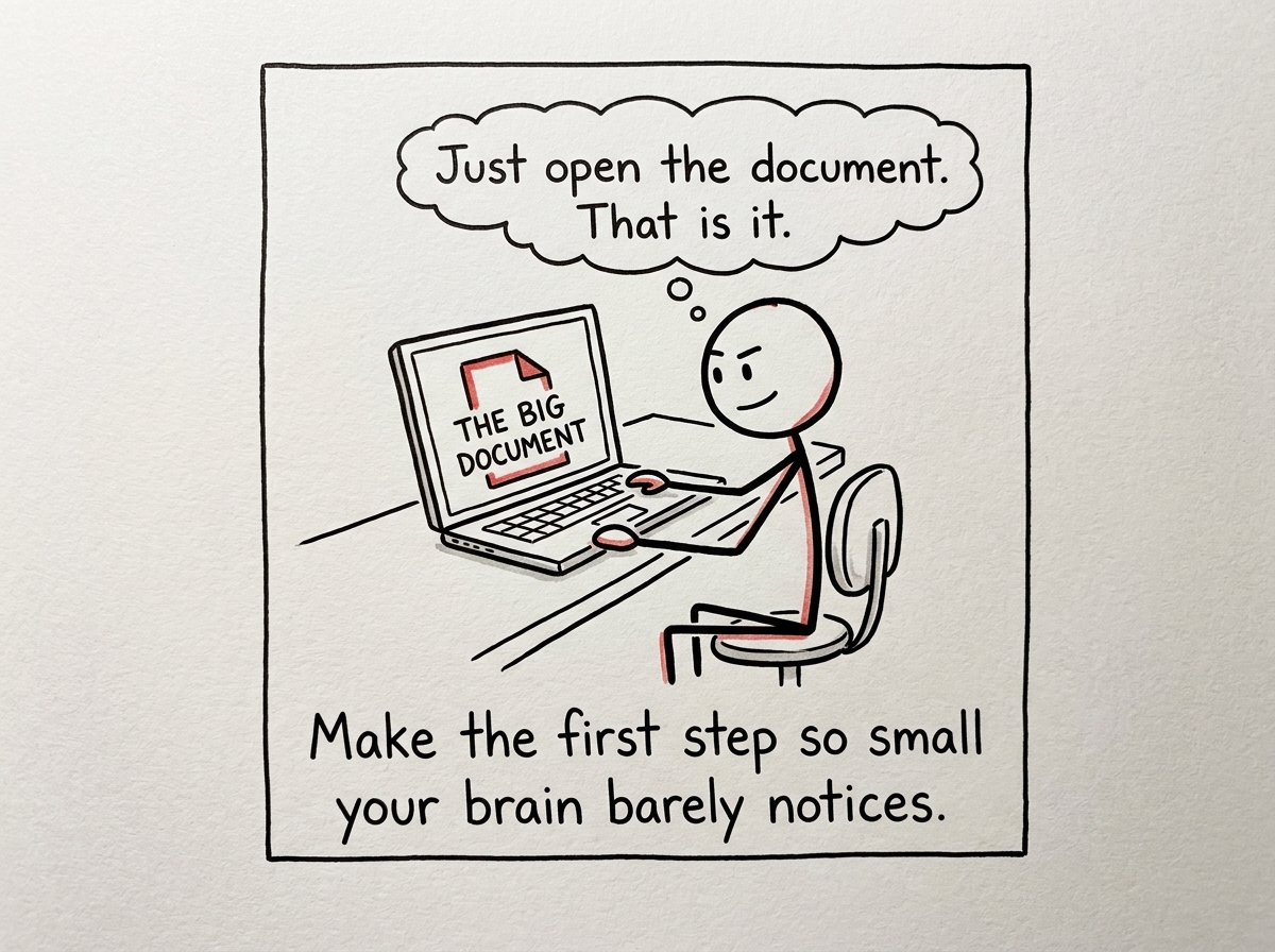 The stick figure breaking the task into one absurdly tiny step: 'Just open the document. That is it.'
