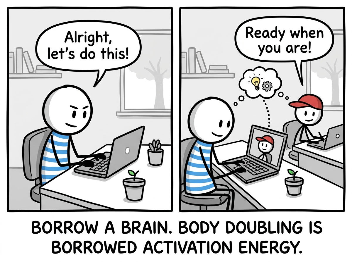 The stick figure on a video call with a friend who is also working quietly, using body doubling to borrow momentum