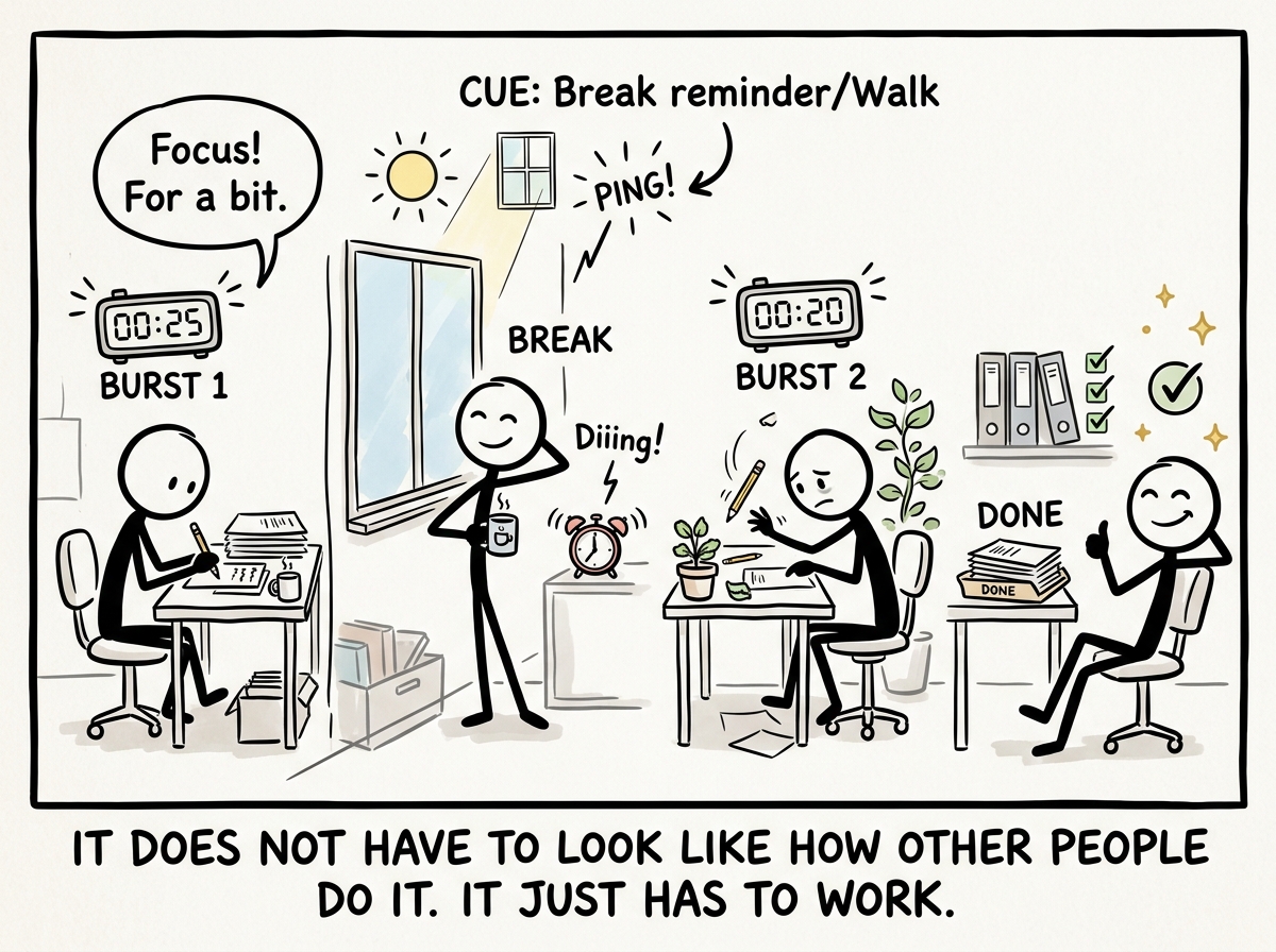 The stick figure working in short bursts with timers and external cues, the task slowly getting done in their own way